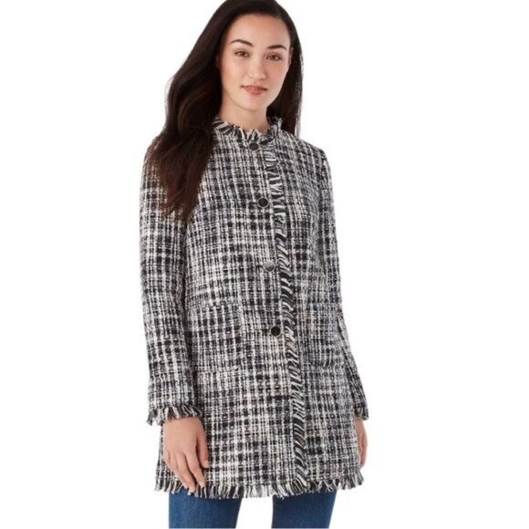 KATE SPADE NEW WITH TAGS Tweed Coat Black Gray White Fringe Size 4